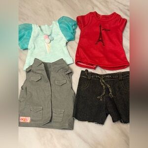 Our generation doll/other red shirt denim jean shorts vest and green shirt